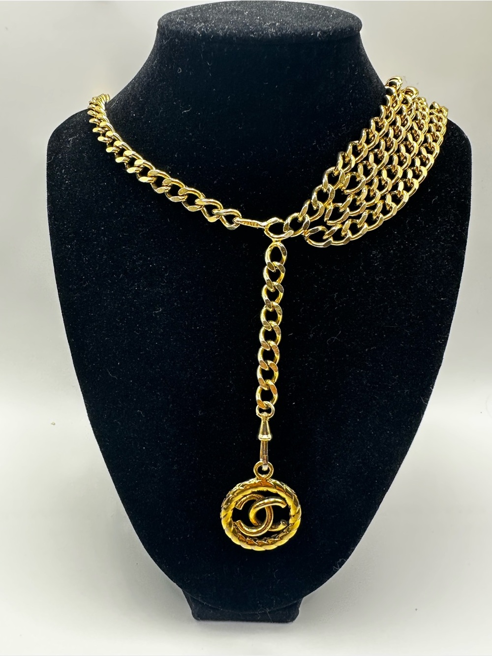 CHANEL Vintage Gold Multi-Strand Chain Lariat Necklace or Belt with CC Pendant